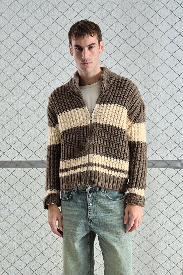 Zipped Knitwear Brown Cardigan