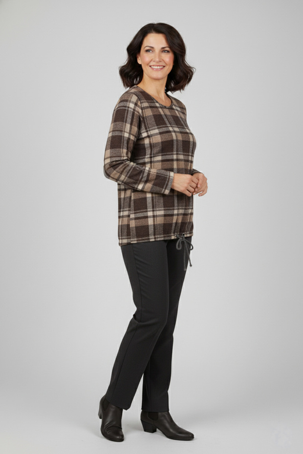 Women's Plus Size Stretch Fabric Crew Neck Checked Skirt Gatherable Soft Sweater Mother Blouse