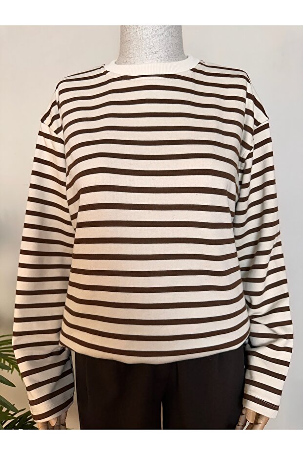 سويت شيرت أساسي مخطط باللون البني البيج - 4