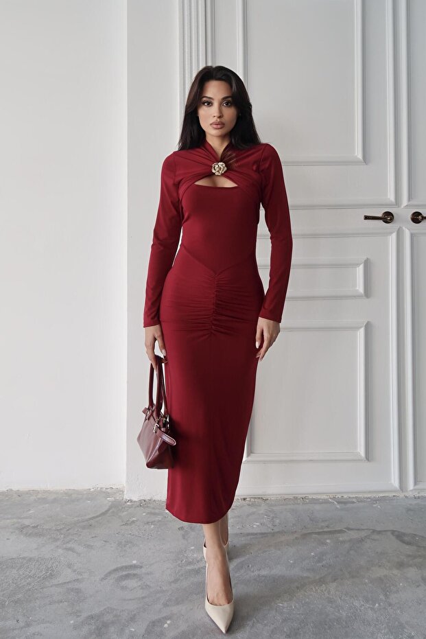 Burgundy Buckle Detail Window Detail Dress
