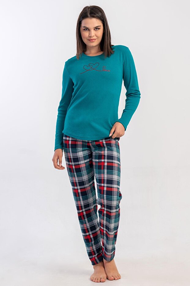 Women's Silver Pine Color Long Sleeve Crew Neck Plaid Bottom Interlock Pajama Set C4T2N2305