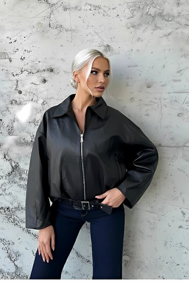 Women's Black Zipper Closure Oversized Faux Leather Jacket Hzl25W-Bd110561