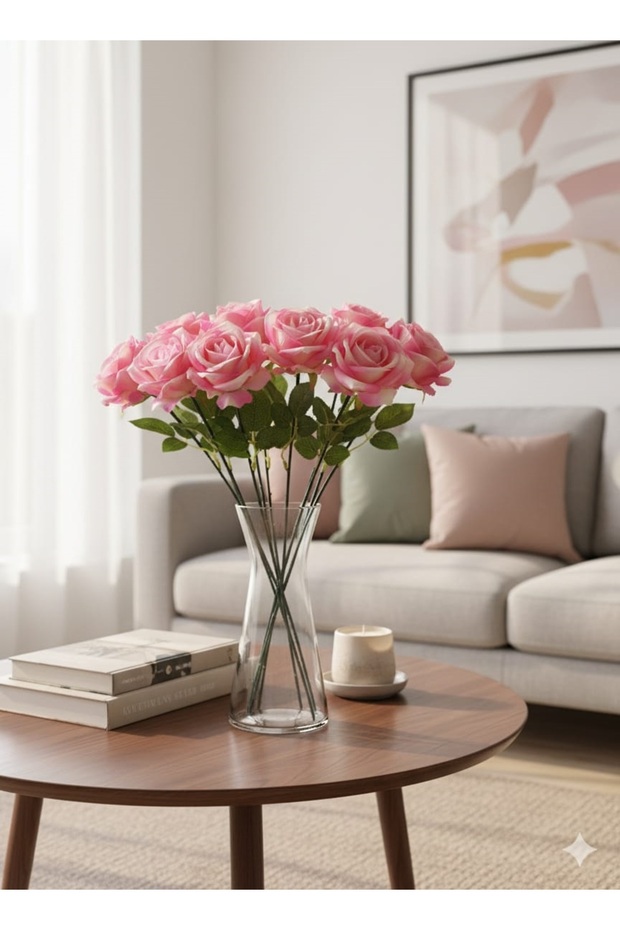 10 adet tek kafa ebruli pembe gül yapay kadife A kalite ürün ev vazo dekor ürünü - 1