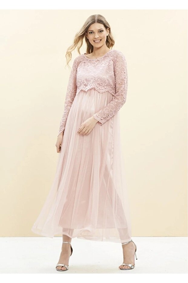 Glitter Lace Detailed Long Maternity Dress