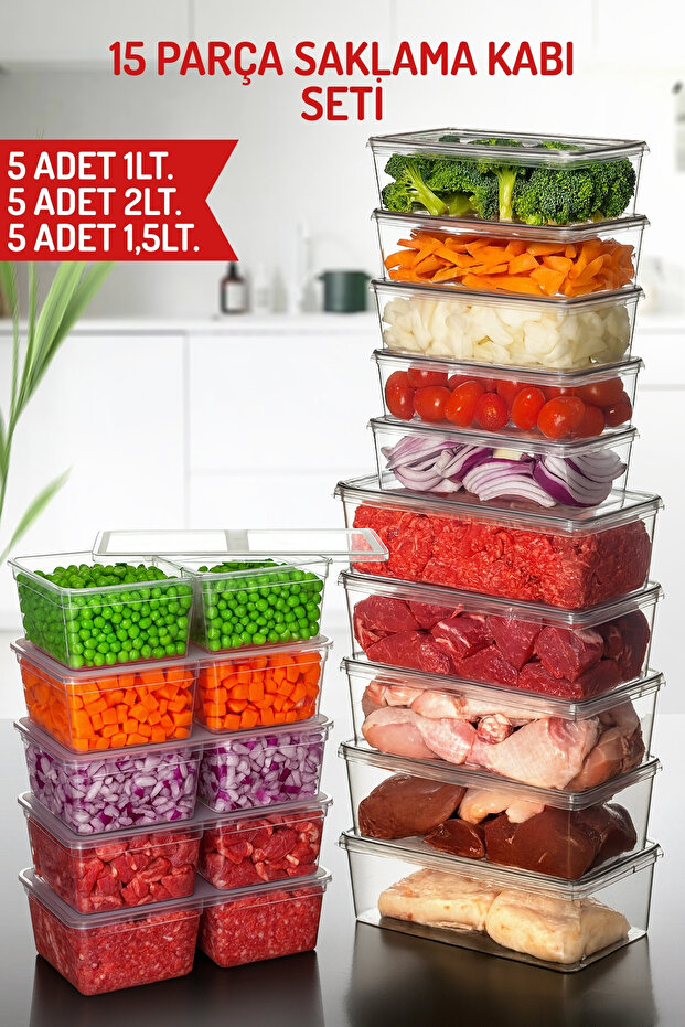 15 Piece Storage Container Set - 1Lt, 2Lt and 1.5Lt. Storage Container Set - Suitable for Freezer Use - 1