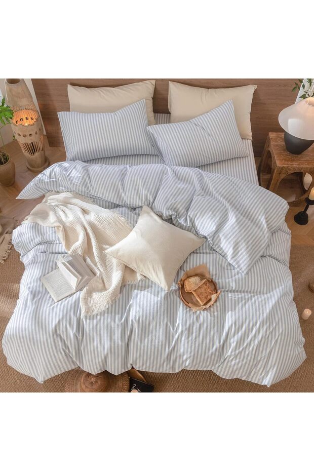 طقم غطاء لحاف مرن بلون رمادي ناعم لسرير فردي - 1