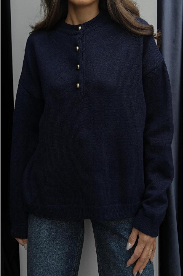 Navy Blue Buttoned Sweater - 4