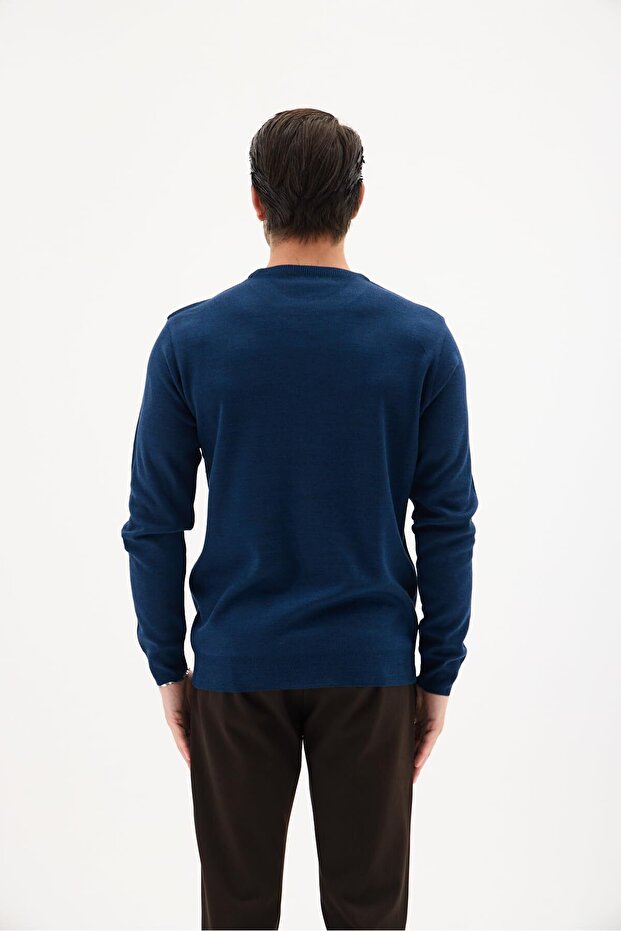 Erkek Bisiklet Yaka Yün Kazak Kışlık Şık Sıcak ve Yumuşak Triko Indigo L - 4