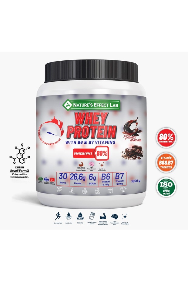 Natures Effect Lab Whey Protein(WPC %80) -Vitamin B6&B7 Takviyeli -Enzim Destekli -Çikolata Aromalı (1050gr)