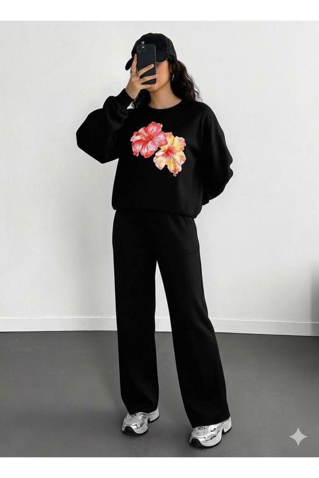Women's Black Crew Neck Hibiscus Flower Printed Sweatshirt-Black Baggy Fit Sweatpants Set