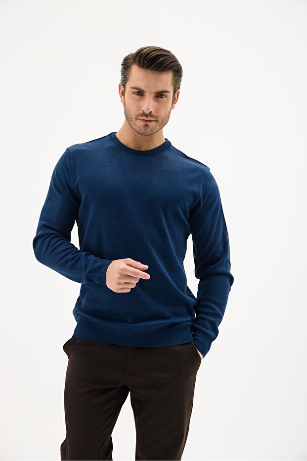 Erkek Bisiklet Yaka Yün Kazak Kışlık Şık Sıcak ve Yumuşak Triko Indigo L - 6