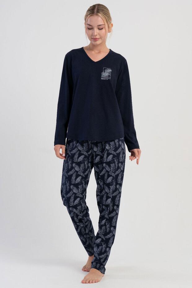 Women's Plus Size Navy Blue Long Sleeve V-Neck Patterned Pajama Set C0T7N1305