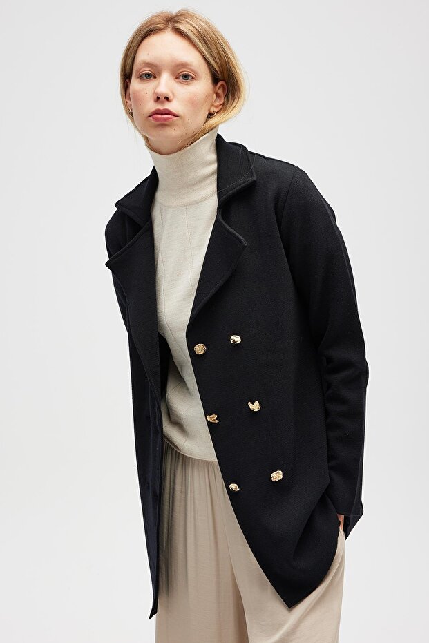 Jisha, Kadın Örme Triko Blazer Ceket - Siyah - 3