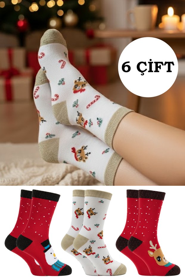 New Year Christmas Patterned Socks Colorful 6-Piece Pack