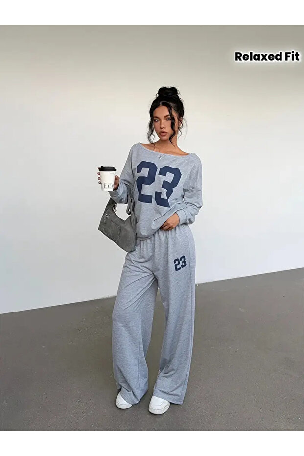 Women's Gray Boat Neck Ribbed Printed 23 Sweatshirt - Gray Loose Fit Comfortable Tracksuit Set