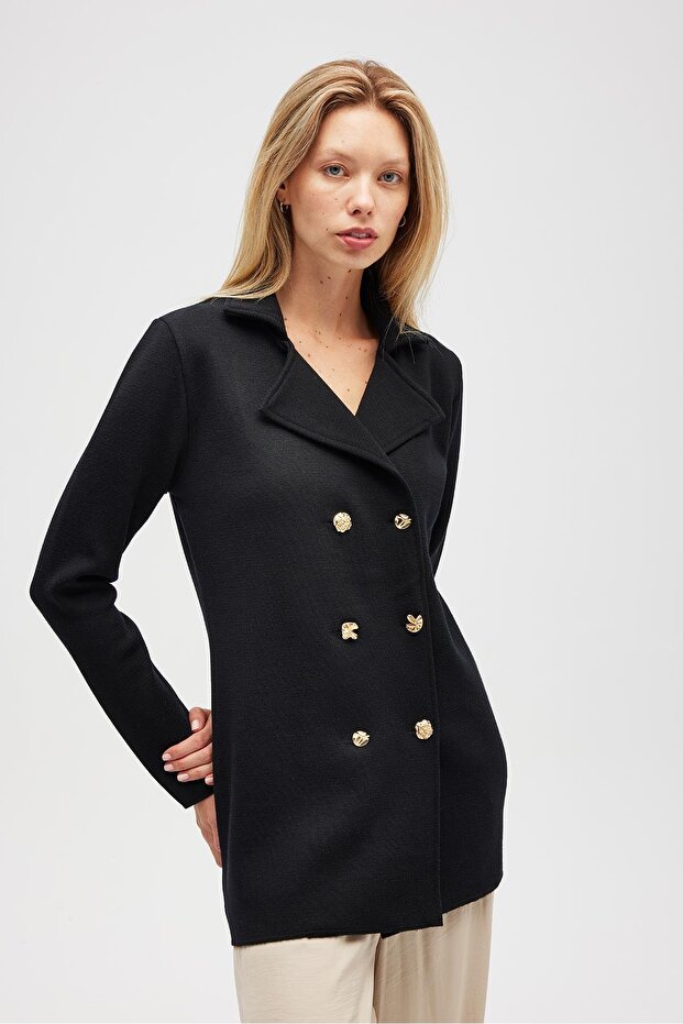 Jisha, Kadın Örme Triko Blazer Ceket - Siyah - 5