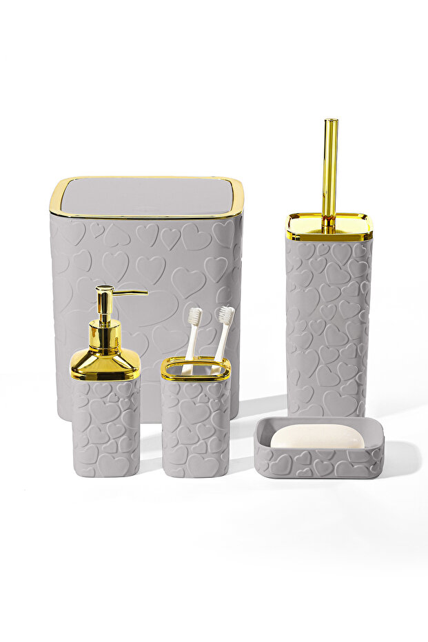 5 Parça Banyo Seti, Kalp Desenli, Gri Gold, Kare, Click Kapaklı, Hacim: 8 litre - 1