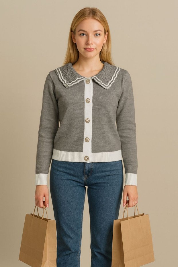 Women's Trendy Stylish Knitwear Jacket-Cardigan with Ruffled Collar, Buttoned Front and Black Edge Detail