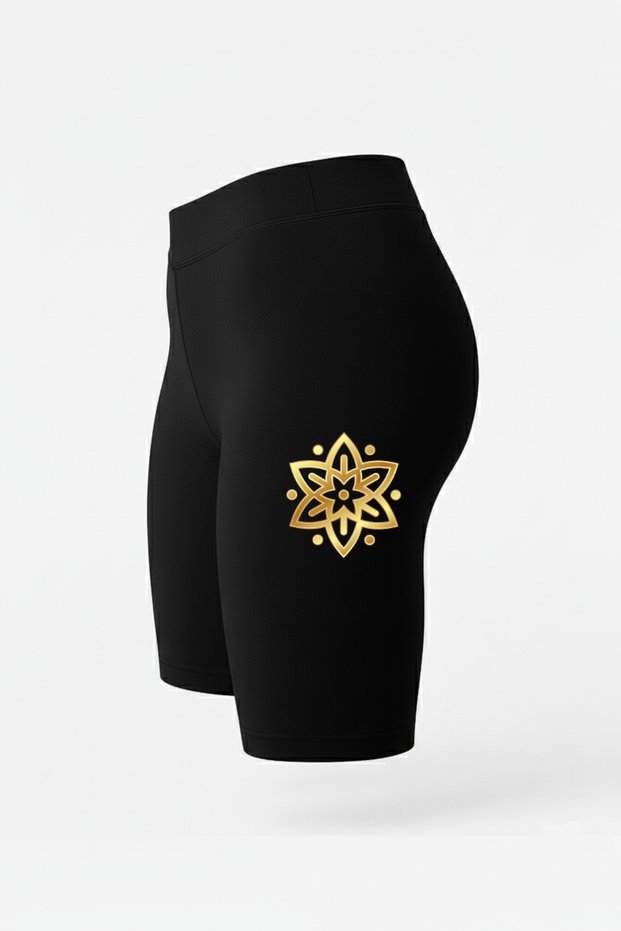 High Waist Black Yoga Pilates Athlete Short Leggings – Women's Leggings with Gold Mandala Pattern in Polyamide Fabric