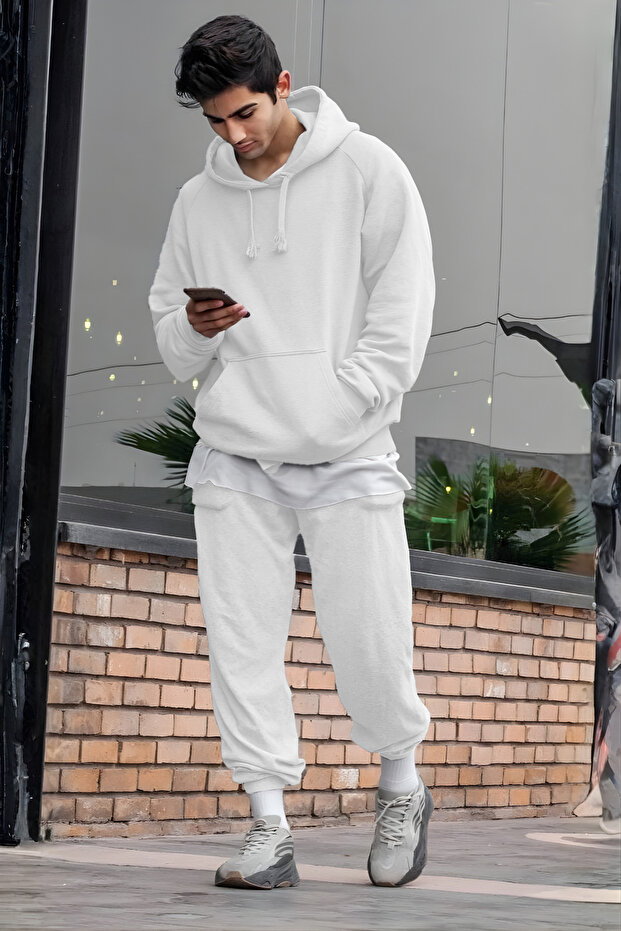 Men's Oversized 3-Thread Ş Fleece-Lined Basic Tracksuit Set