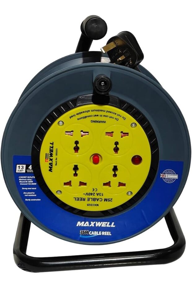 Maxwell Heavy Duty 13A Cable Reel Extension | 4 Universal Sockets with Handle (50 Metre)