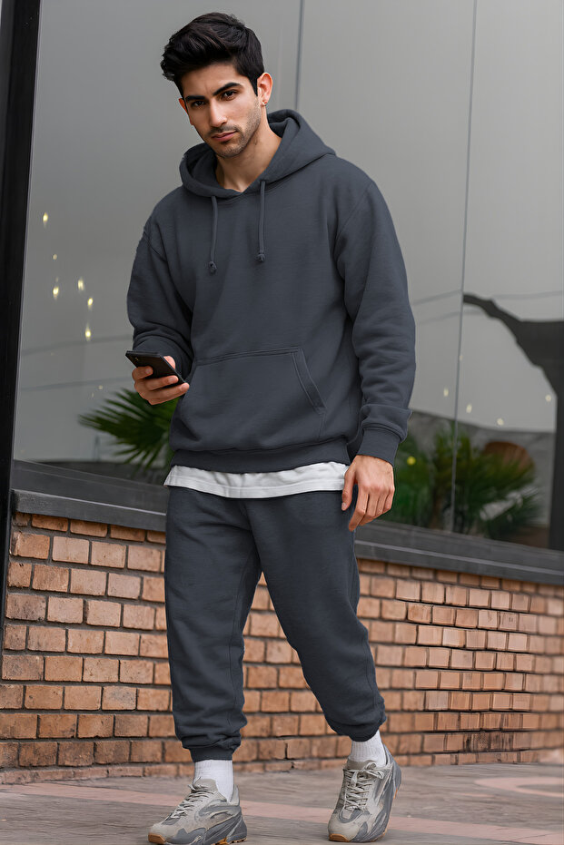 Men's Oversized 3-Thread Ş Fleece-Lined Basic Tracksuit Set - 2