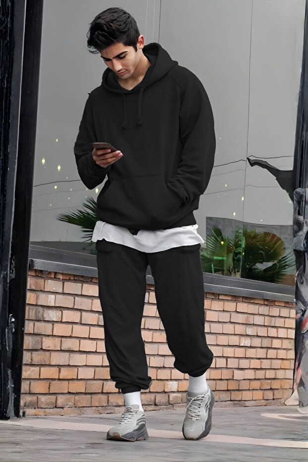 Men's Oversized 3-Thread Ş Fleece-Lined Basic Tracksuit Set