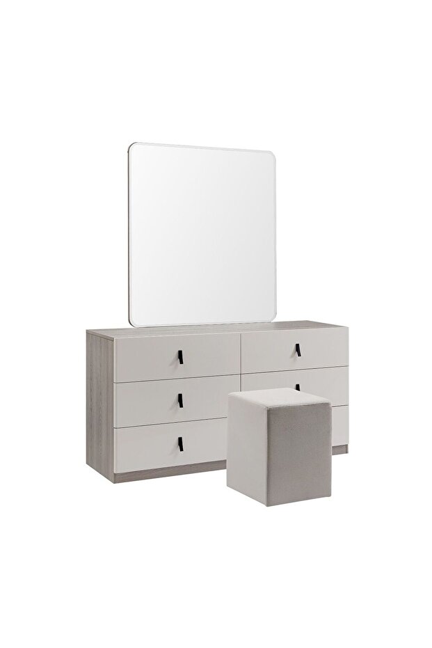 Trevor Dresser with Mirror & Stool Set - Beige/Light Grey Finish, Engineered Wood, 150x47x187.4cm