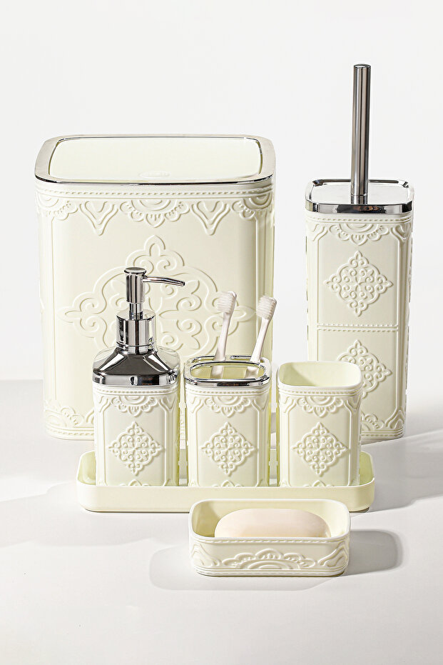 7 Piece Patterned Square Click Lid White Silver Bathroom Set, Volume: 8 Liters