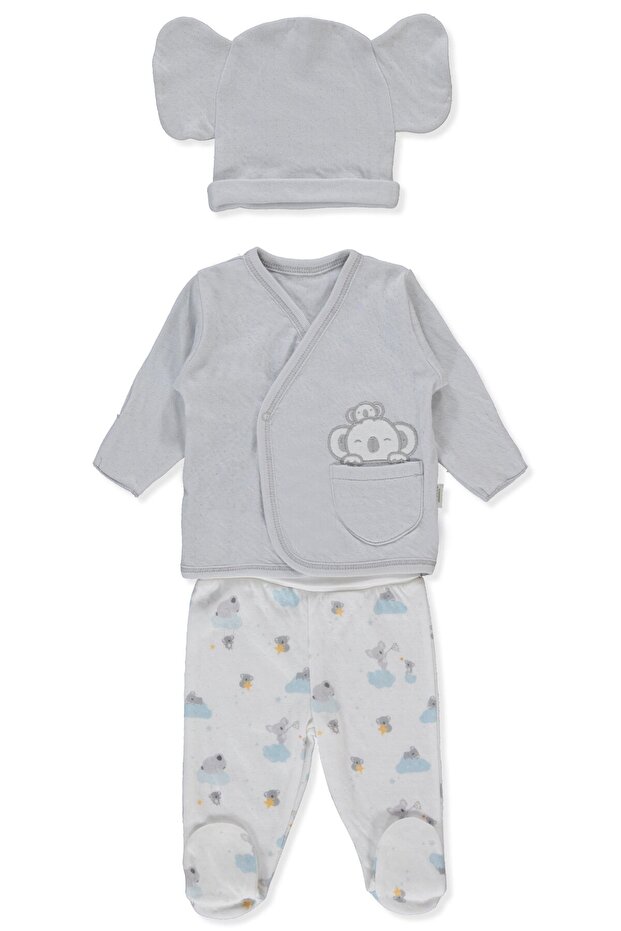 Organic Single Double Bedding Set 3-Piece (Organic Stars and Koalas) Gray
