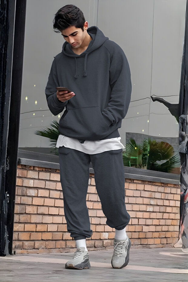 Men's Oversized 3-Thread Ş Fleece-Lined Basic Tracksuit Set - 1