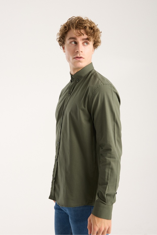 Khaki Oversize Cotton Linen Textured Men's Shirt