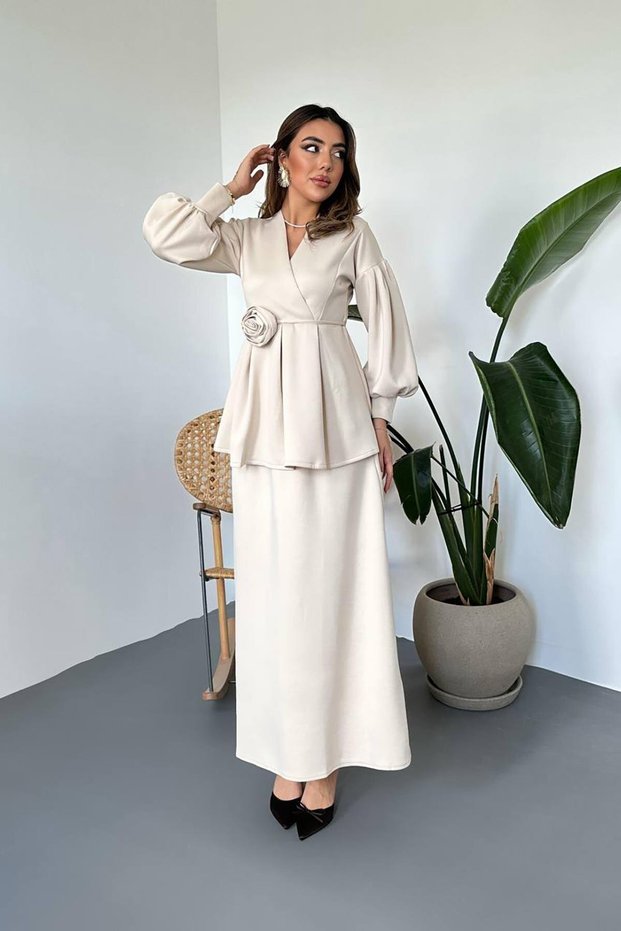 Women's Rose Detailed Balloon Sleeve Blouse Skirt