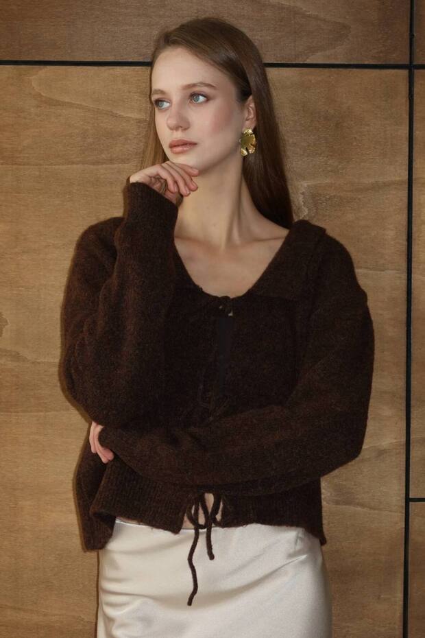 Long Sleeve Brown Knit Cardigan with Tie Detail