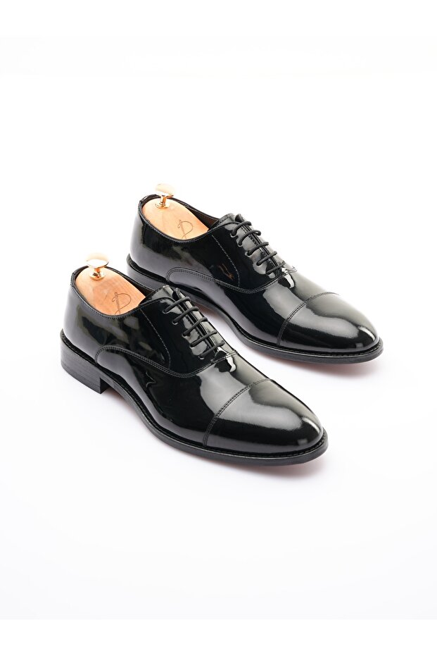 Men's Genuine Leather Lace-Up Patent Leather Shoes - Black Patent Leather