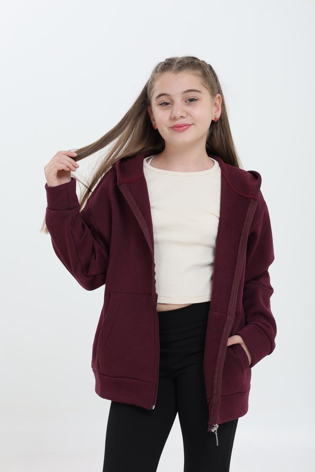 100% Organic Cotton Girls' Sweatshirt Cardigan with 3-Layer Fleece, Hood, Zipper, and Kangaroo Pocket