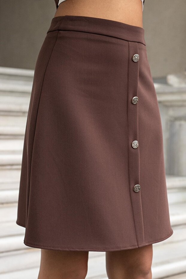 Kadın Yüksek Bel Önü Düğmeli Diz Boy Hafif Esnek Kumaş Çan Etek-Kahve - 4