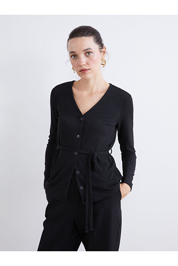 Lcw Everyday Black V-Neck Belted Women's Cardigan