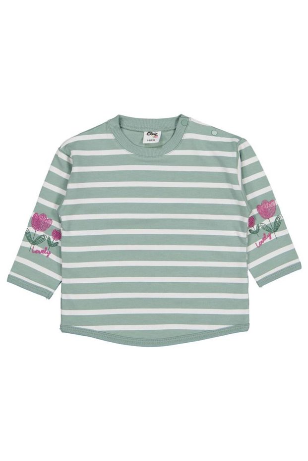 Striped Emp. Flower Embroidered 6-18 Months Sweatshirt - Green 12-18 Months