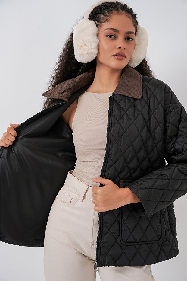 Kadın Siyah Kahve Kapitone Oversize Mont 5229 - 3