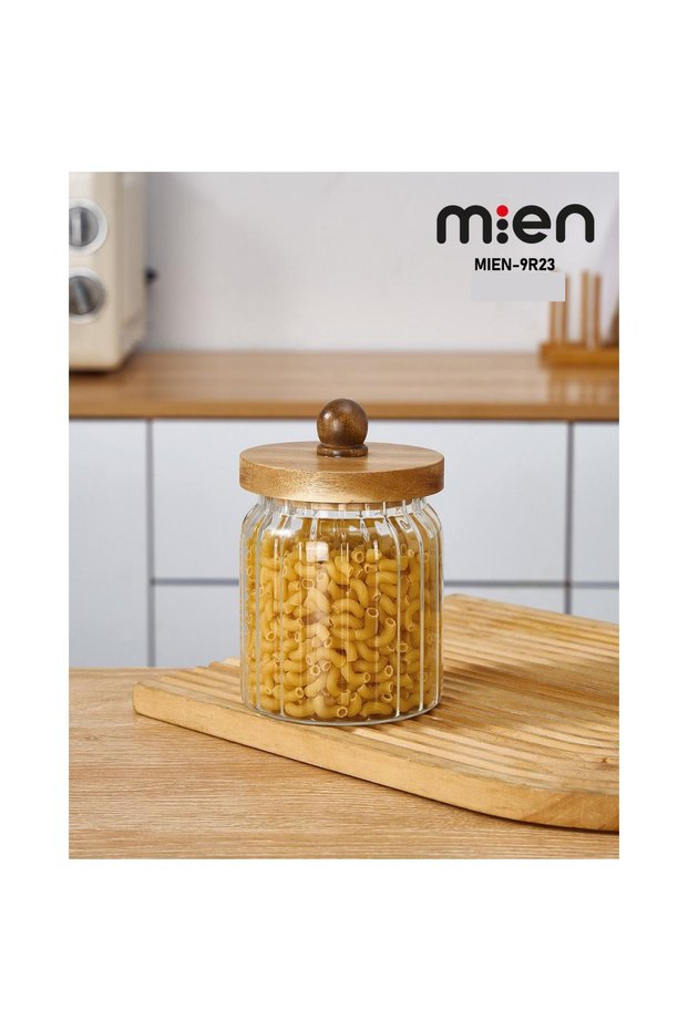 Acacia Lid Borosilicate Striped Glass Jar 600 ml