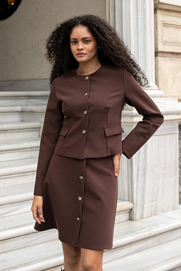 Kadın Yüksek Bel Önü Düğmeli Diz Boy Hafif Esnek Kumaş Çan Etek-Kahve - 1