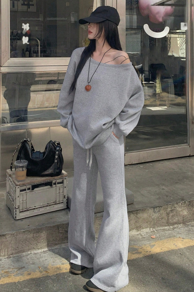 Women's Off-Shoulder Soft Basic Sweat Tracksuit Set