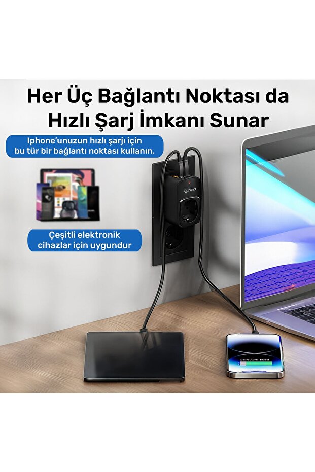 Fulltech24 3680W Yüksek Voltaj/Akım ve Çocuk Korumalı Type-C ve USB Çoğaltıcı Duvar Prizi - 2