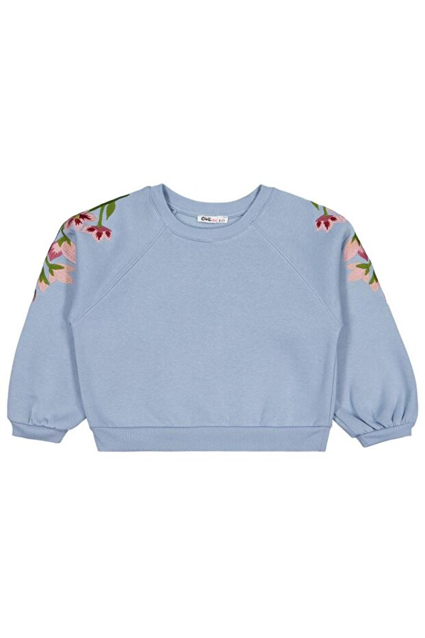 6-9 Years Old Sweatshirt with Floral Embroidery on the Shoulder - Blue 6-7 Years Old