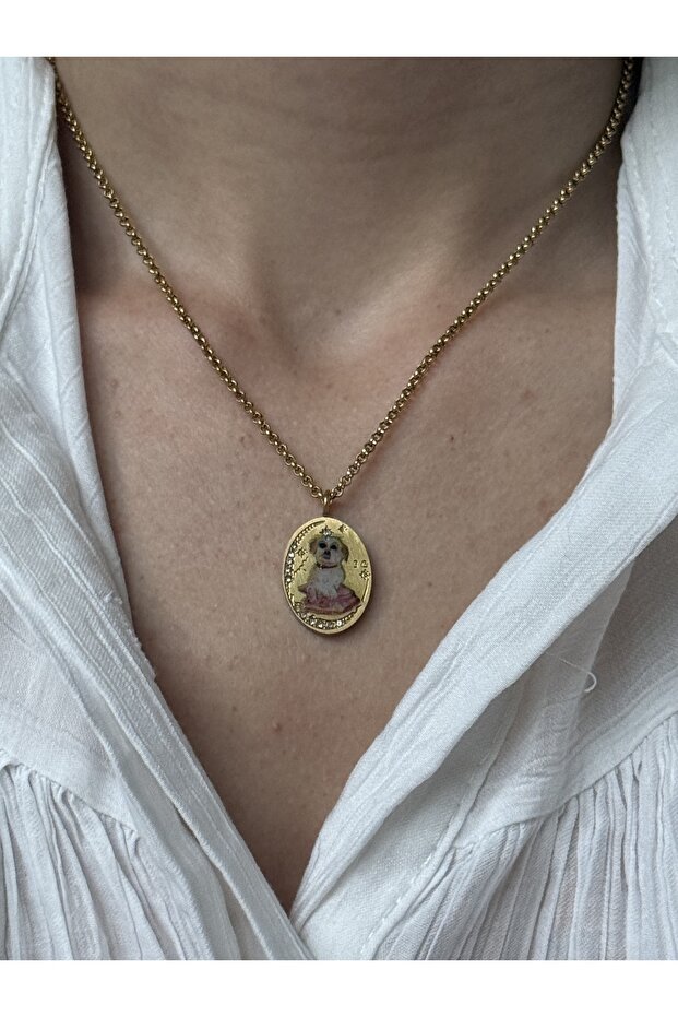 316L Steel Zircon Detail Printed Medallion Necklace