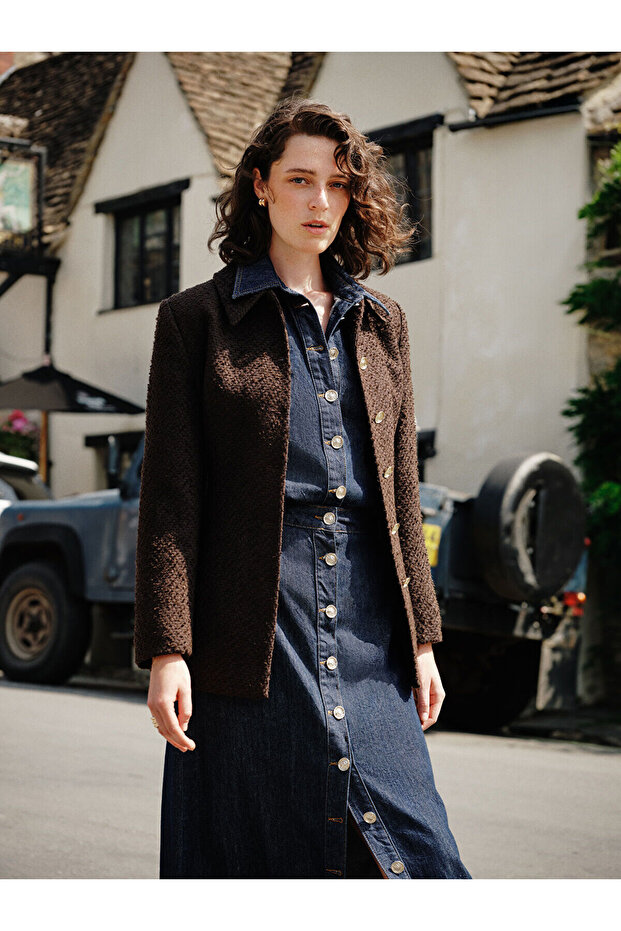 Two Mt Shop Quality Raşi̇t Bagzi̇bağli X Brown Tweed Plain Standard & Regular Women's Jacket