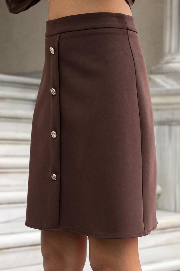 Kadın Yüksek Bel Önü Düğmeli Diz Boy Hafif Esnek Kumaş Çan Etek-Kahve - 3