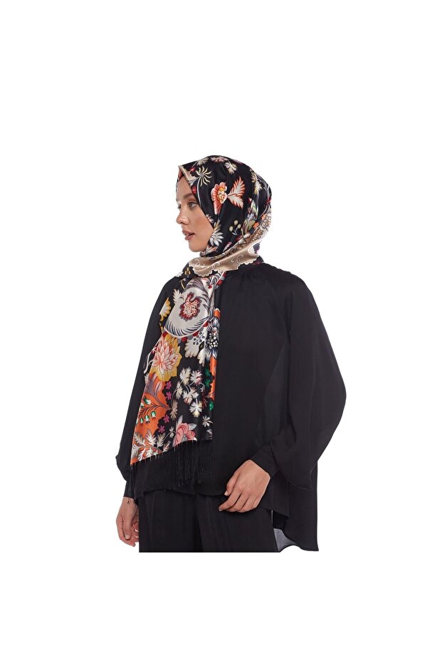 Patterned Silk Shawl - Crown Leaf Pattern - Black