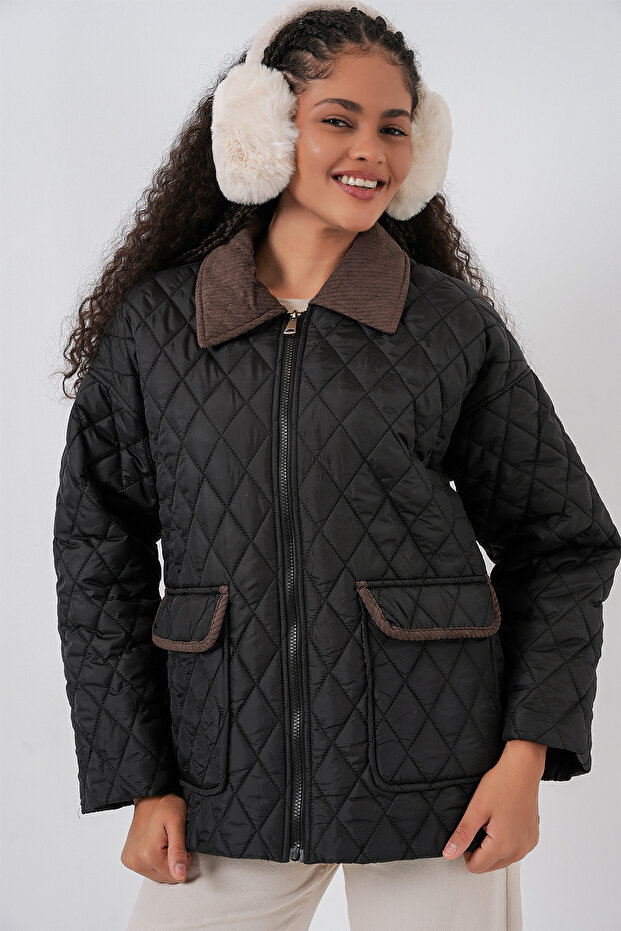 Kadın Siyah Kahve Kapitone Oversize Mont 5229 - 1